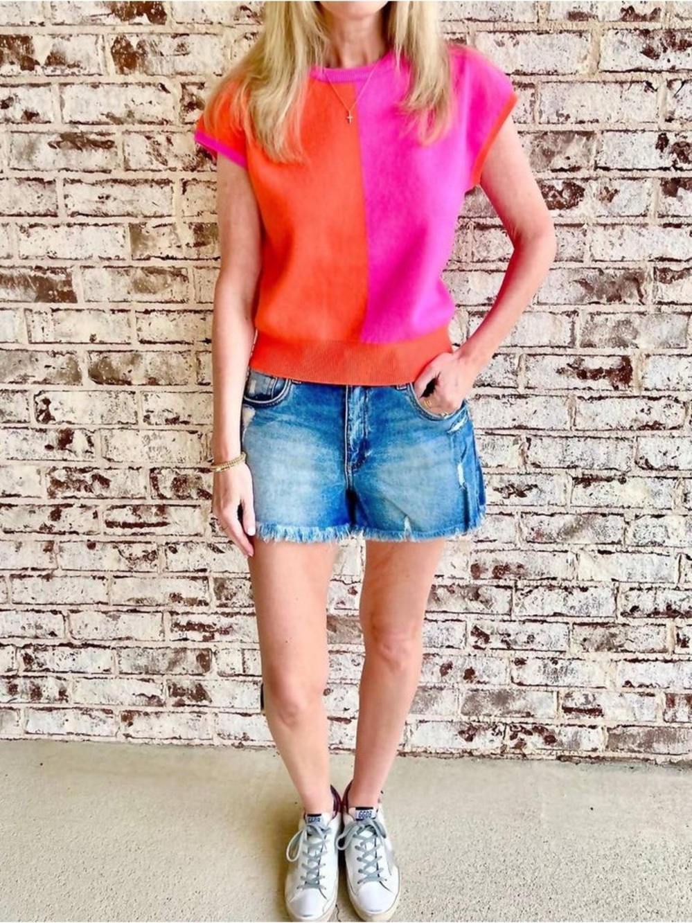 THML Pink and Orange Colorblock Knit Top